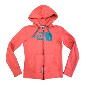 The North Face Womens XS 4 Embroidered Zip Hoodie Fleece Lined Coral Teal Jacket